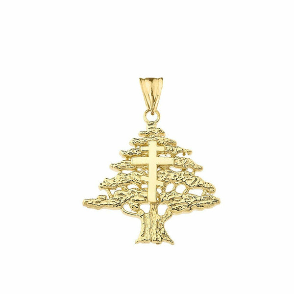 10k Solid Yellow Gold Lebanese Cedar Tree With Orthodox Cross Pendant Necklace