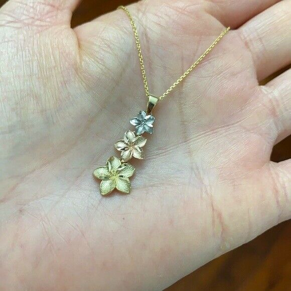 14K Tri-color Gold Elegan 3 Plumeria Flowers Joy Love Spiritual Pendant Necklace