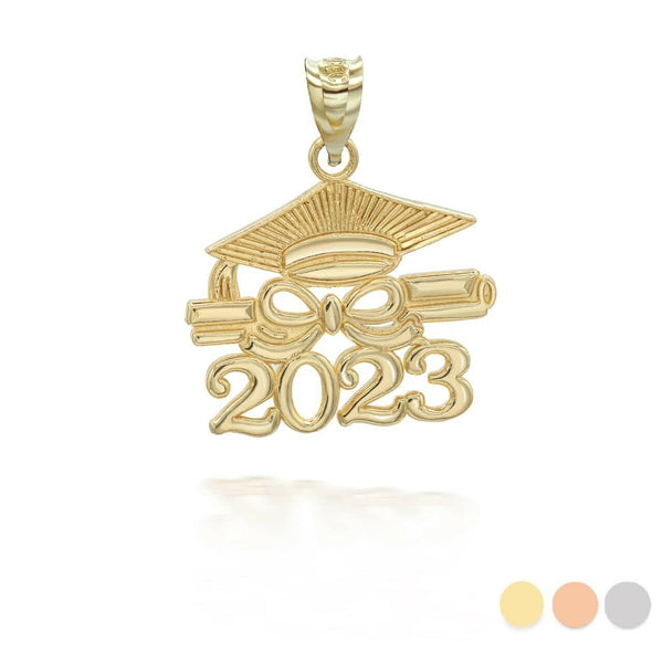 14K Solid Gold Class of 2023 Graduation Cap and Diploma Pendant Necklace