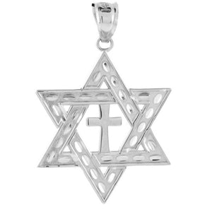 Solid 14k White Gold Jewish Star of David Cross Pendant Necklace Medium 1.25"