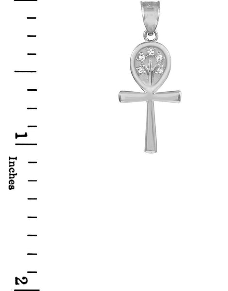 10K Real White Gold Ankh Cross Tree of Life Pendant Necklace