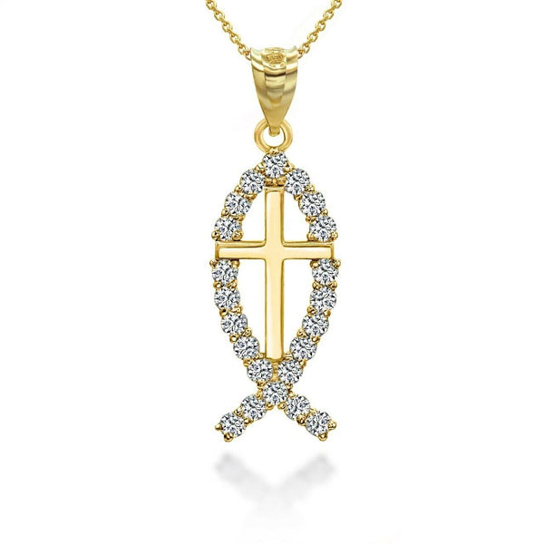 14K Solid Gold Christian Cross Jesus Christ Ichthus Fish Pendant Necklace