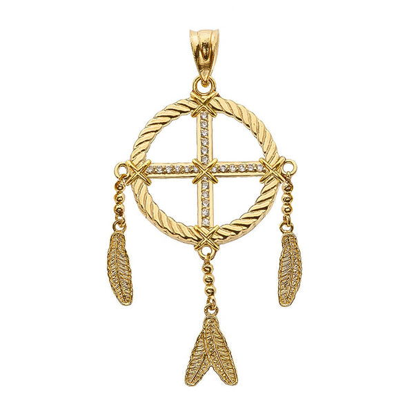 10k Solid Yellow White Rose Gold CZ Dream Catcher Pendant Necklace