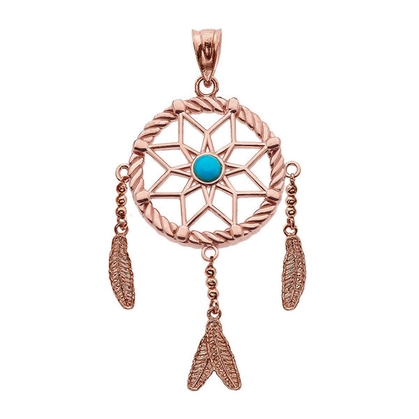 14k Solid Rose Gold Turquoise Flower Dream Catcher Pendant Necklace
