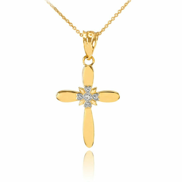 Solid 14k Yellow Gold Dainty Accent Solitaire Diamond Cross Pendant Necklace