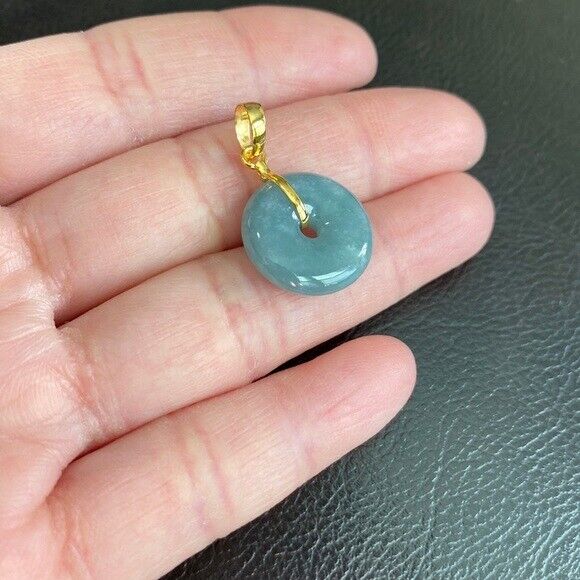 14K Solid Yellow Gold Small Round Donut Jade Pendant Necklace Adjustable
