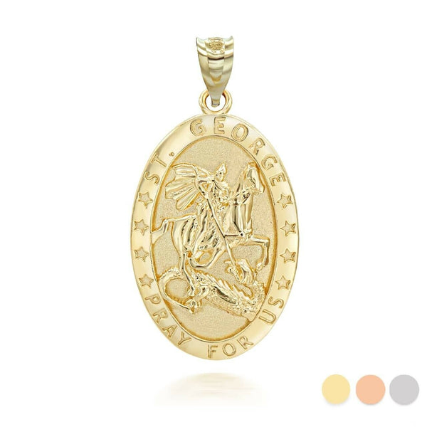 14K Solid Gold Saint George and the Drago Pendant Necklace - Yellow, Rose, White