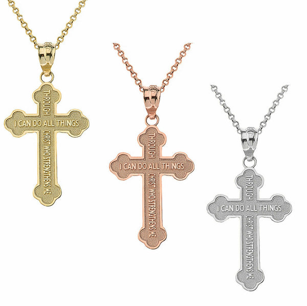 14k Solid Gold Philippians 4:13 Bible Verse Cross Pendant Necklace