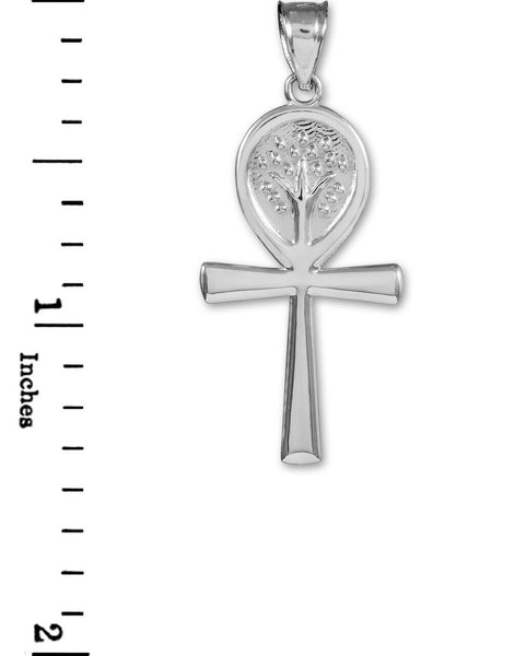 10K Real White Gold Ankh Cross Tree of Life Pendant Necklace