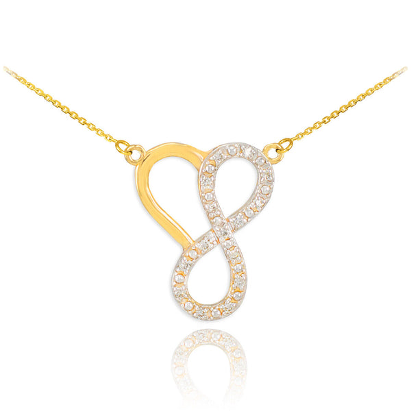 14K Solid Gold Infinity Heart Diamond Pendant Necklace - Yellow, Rose, or White