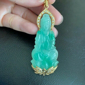 14K Solid Gold Guanyin Kwan Yin Female Buddha Jade Pendant Large Female