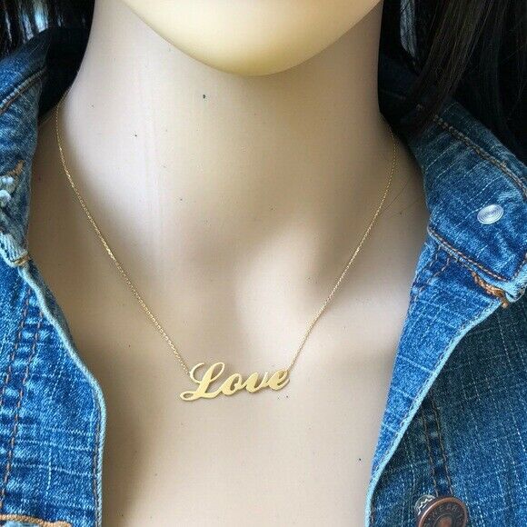 14K Solid Gold Love Cut Out Necklace -16"-18" Minimalist Yellow, White, Rose