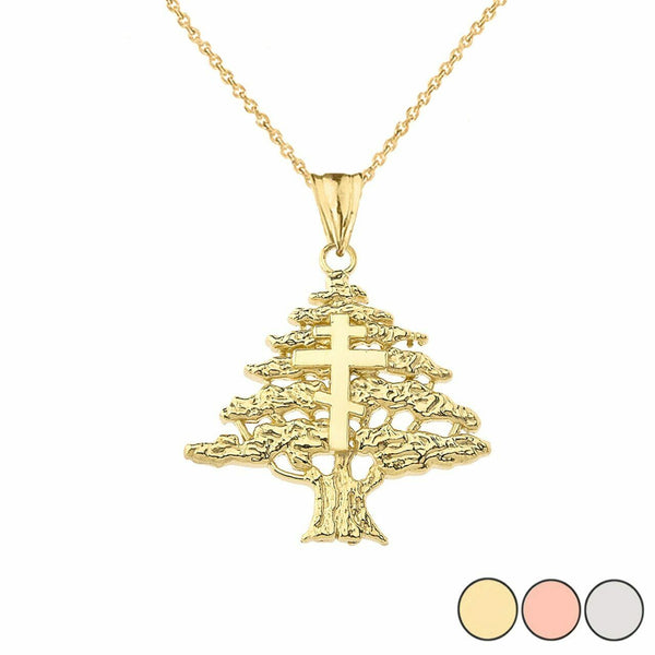 14k Yellow Gold Lebanese Cedar Tree With Orthodox Cross Pendant Necklace