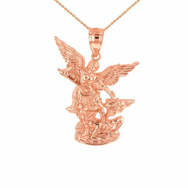 14K Solid Rose Gold St Michael The Archangel Pendant Necklace