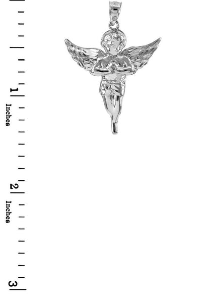 14k Solid White Gold Diamond Cut Angel Small Pendant Necklace