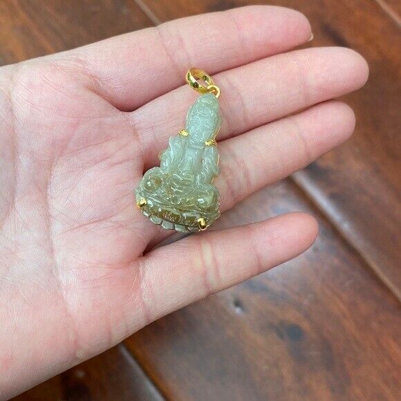 14K Real solid Gold Genuine Natural Jade Kwan Yin Lady Buddha Pendant Necklace