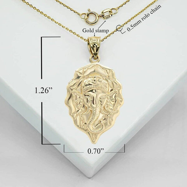 10K Solid Gold Hindu Lord Ganesha Elephant Pendant Necklace Yellow, Rose, White