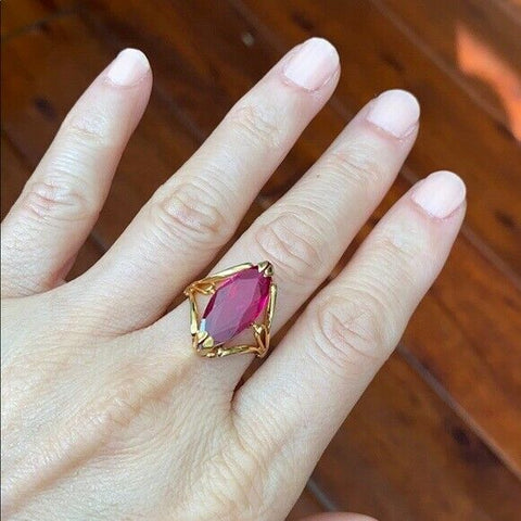 14K Solid Real Yellow Gold Marquise Red Gemstones Ring Size 6 -R40