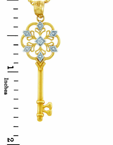 14k Yellow Gold Valentines Heart Round Diamond Accent Charm Key Pendant Necklace