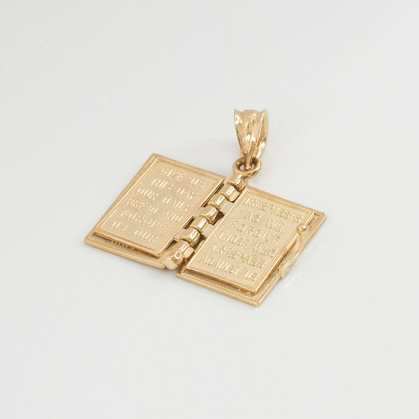 10k Solid Yellow Gold Holy Bible Book with "Our Father Prayer" Pendant Necklace
