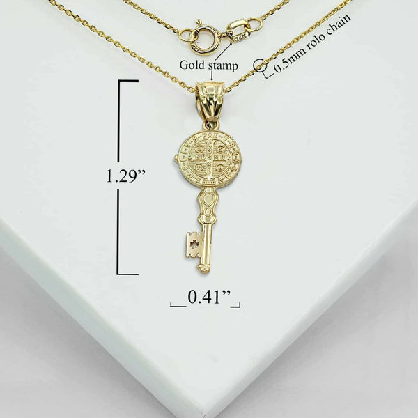 10K Solid Gold St. Saint Benito Key Pendant Necklace - Yellow, Rose, or White