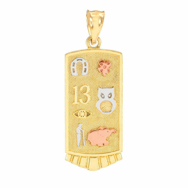 14k Gold Lucky Owl Elephant Horseshoe Flower 13 Evil Eye Clover Pendant Necklace