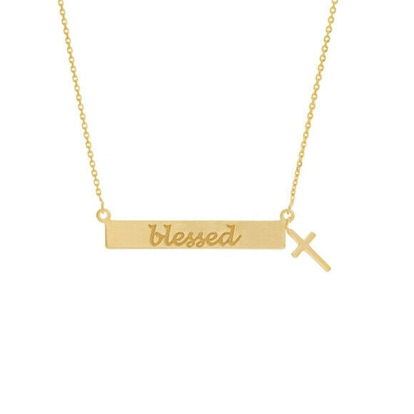14K Solid Yellow Gold Engrave Blessed Bar Cross Adjustable Necklace 16"-18"