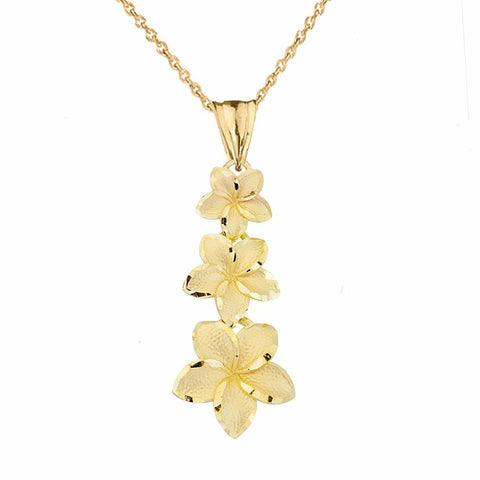 10K Yellow Gold Elegant 3 Plumeria Flowers Joy Love Spiritual Pendant Necklace