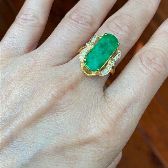 14K Solid Real Yellow Gold Rectangle Green Jade CZ Ring Size 6.75