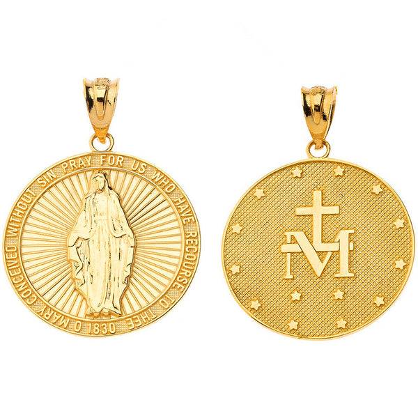 10K Solid Gold Our Lady of Graces Miraculous Medal Pendant Necklace