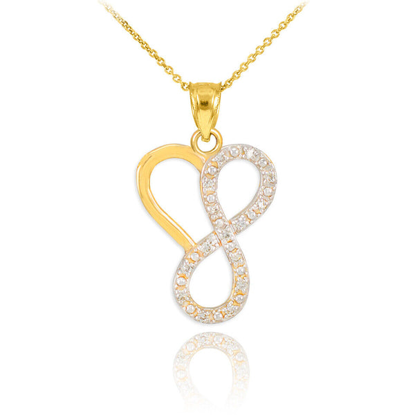 14K Solid Gold Infinity Heart Diamond Pendant Necklace - Yellow, Rose, or White