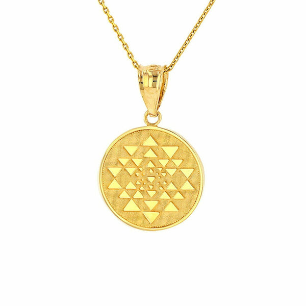 10K Solid Yellow Gold Yantra Tantric Indian Yoga Disc Circle Pendant Necklace