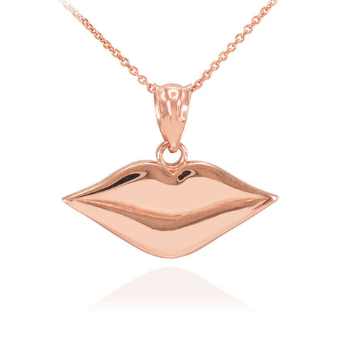 14k Solid Rose Gold Lady Love Kissing Lips Charm Pendant Necklace