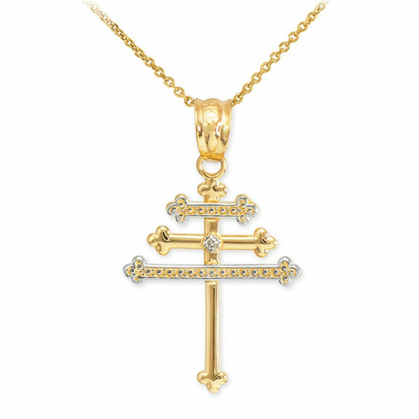 14k Solid Real Yellow Gold Diamond Maronite Aramaic Cross Pendant Necklace