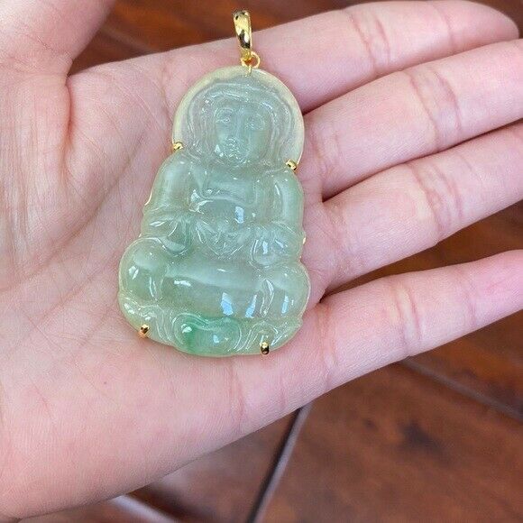 14K Solid Gold Lady Tara Buddhist Buddha Natural Jade Pendant Bodhisattva