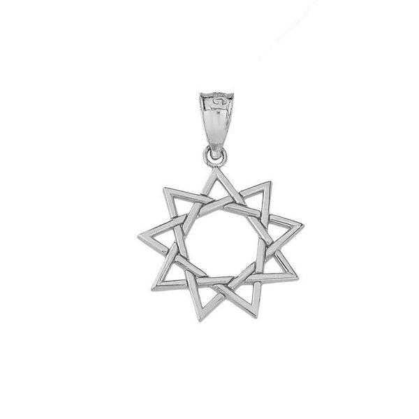 Solid 14k White Gold 9 Star Baha'i Sun Openwork Pendant Necklace
