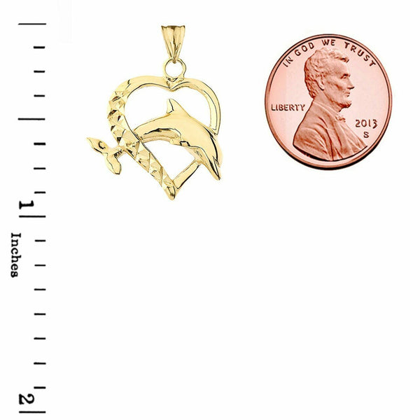 10k Real Solid Yellow Gold Heart Dolphin Jumping Love Pendant Necklace