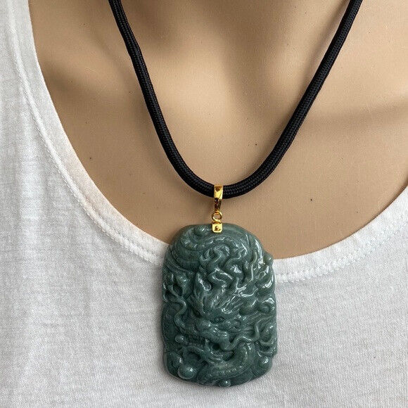 14K Solid Real Yellow Gold Carved Dragon Natural Jade Pendant Green Men Carving