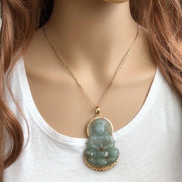 Certified 14K Solid Gold Large Kwan Yin Buddha Natural Jade Pendant - P119