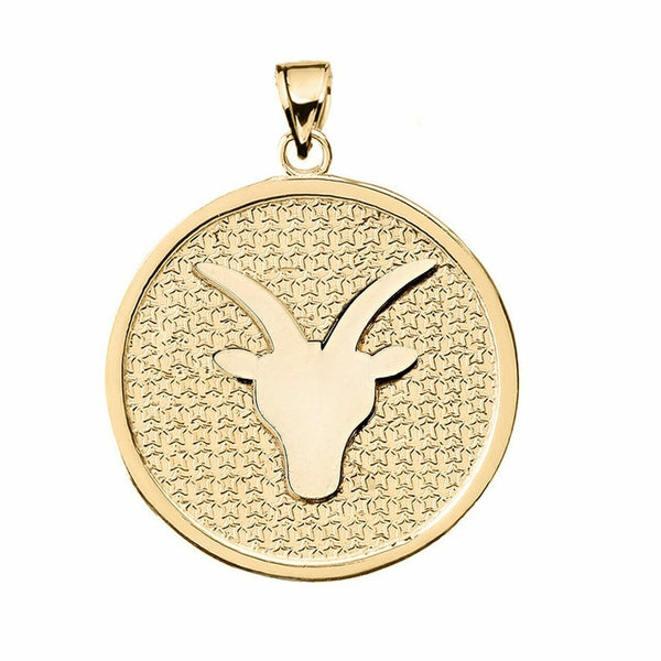 10K Solid Gold Capricorn Zodiac Sign Disc Round Pendant Necklace