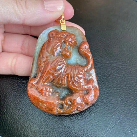 14K Solid Real Gold Carved Roaring Tiger Red Jade Pendant Large Men Heavy