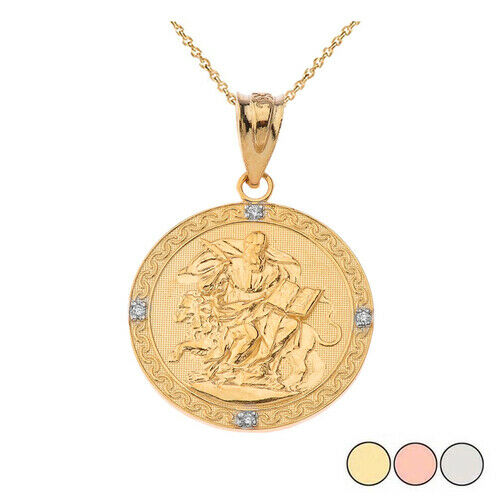 14k Solid Gold Saint Mark Round Diamond Pendant Necklace