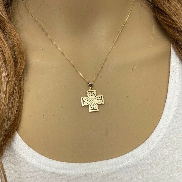 14K Solid Gold Religious Woven Celtic Knot Cross Unique Style Pendant Necklace