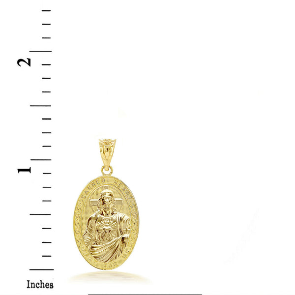 14k Solid Gold 3D Jesus Christ Sacred Heart Narrow Oval Pendant Necklace