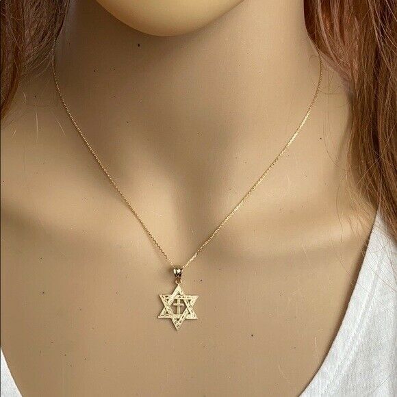 Solid 14k Yellow Gold Jewish Star of David Cross Pendant Charm Necklace Judaica