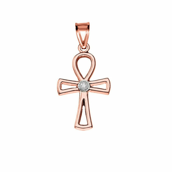 10k 14k Solid Gold Diamond Ancient Egyptian Ankh Cross Openwork Pendant Necklace