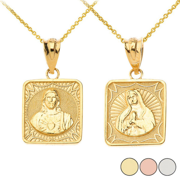 14K Solid Gold Reversible Virgin Mary and Jesus Christ Square Pendant Necklace