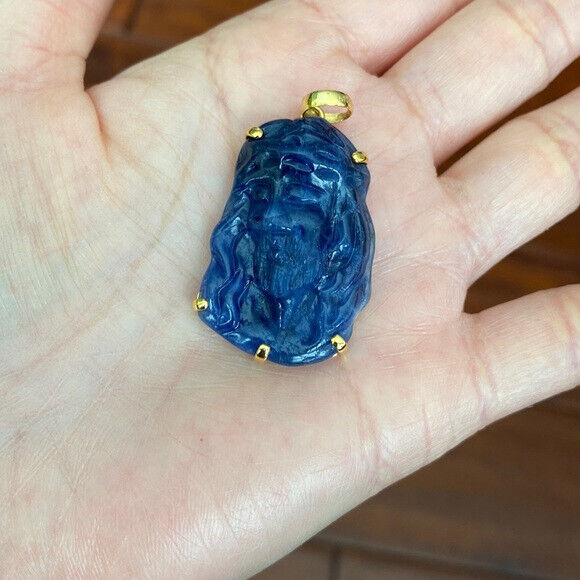 14K Real Solid Gold Carving Jesus Sodalite Christ Head Pendant Charm