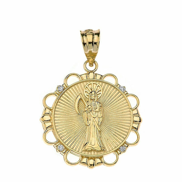 Solid 14k Yellow Gold Gold Diamond Santa Muerte Circle Pendant Necklace