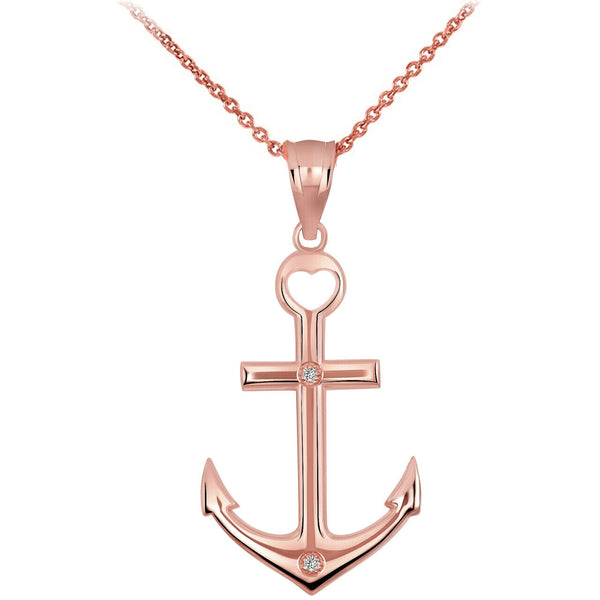 10K Solid Gold Anchor Diamond Cross Heart Pendant Necklace - Yellow, Rose, White